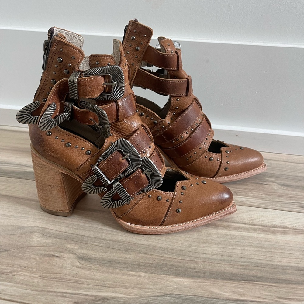 Freebird Brown Leather Heeled Boots with Buckles